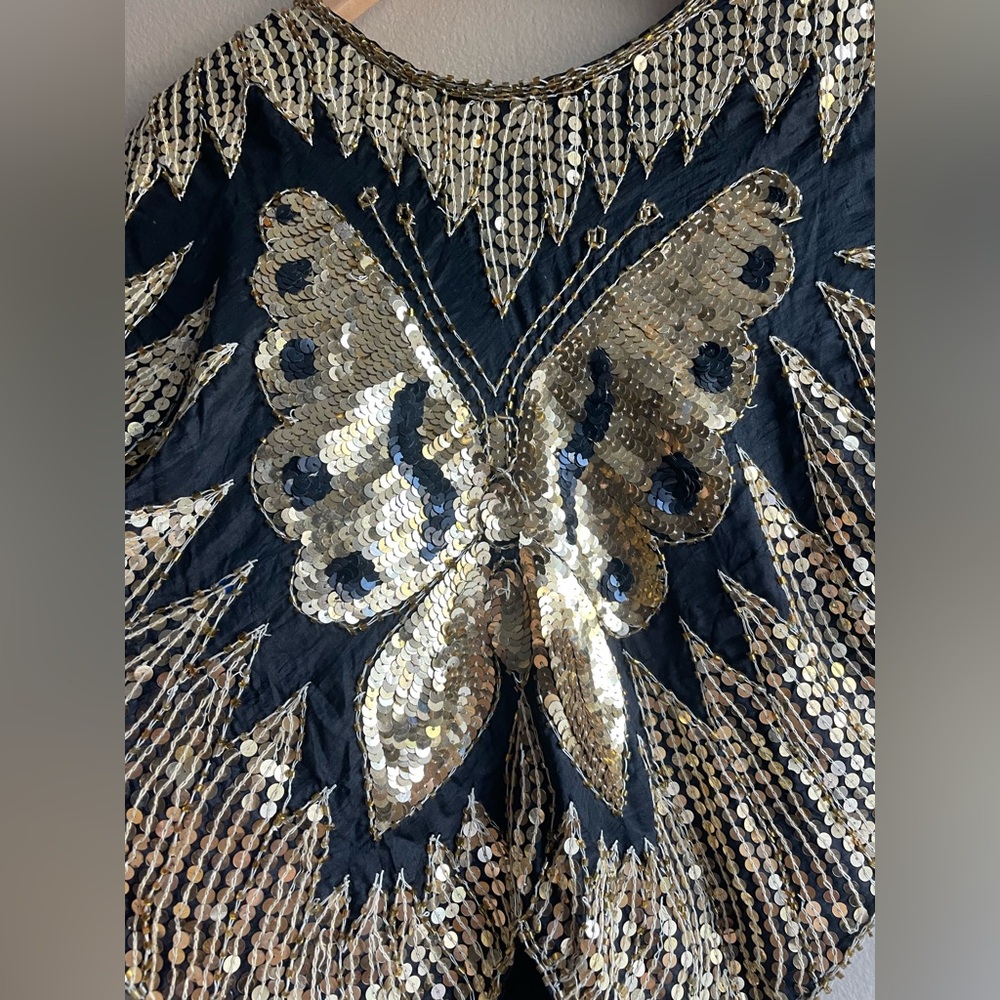 New Elegance Anujan 100% Silk Sequined Golden Butterfly Design Top Women Small - Picture 4 of 10